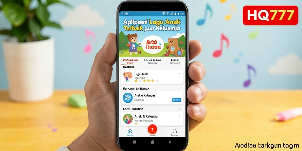 Antarmuka aplikasi HQ777 yang ceria dan interaktif untuk Lagu Anak.
