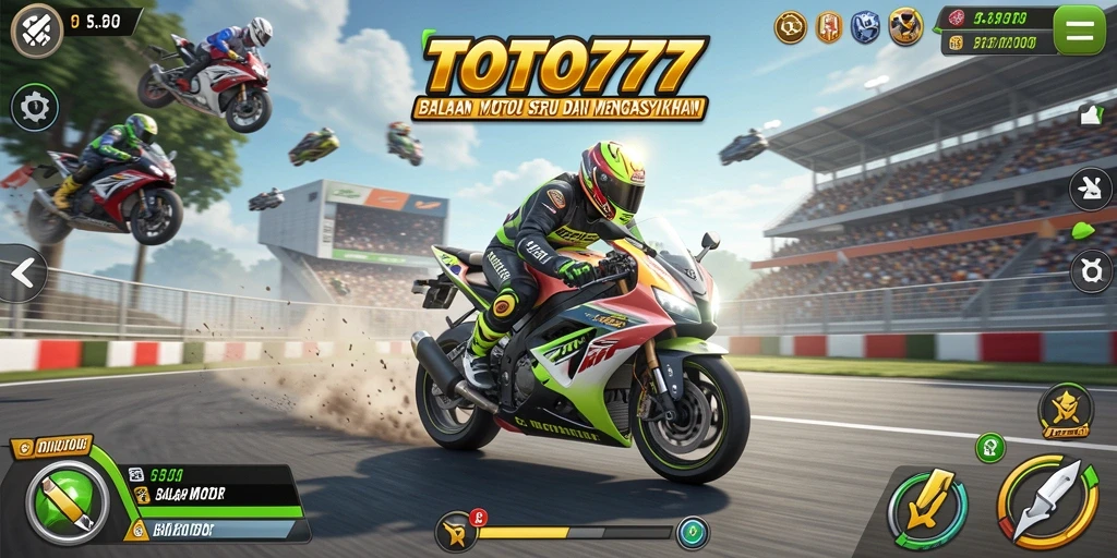 Screenshot menunjukkan aksi balap motor yang seru dalam TOTO777.